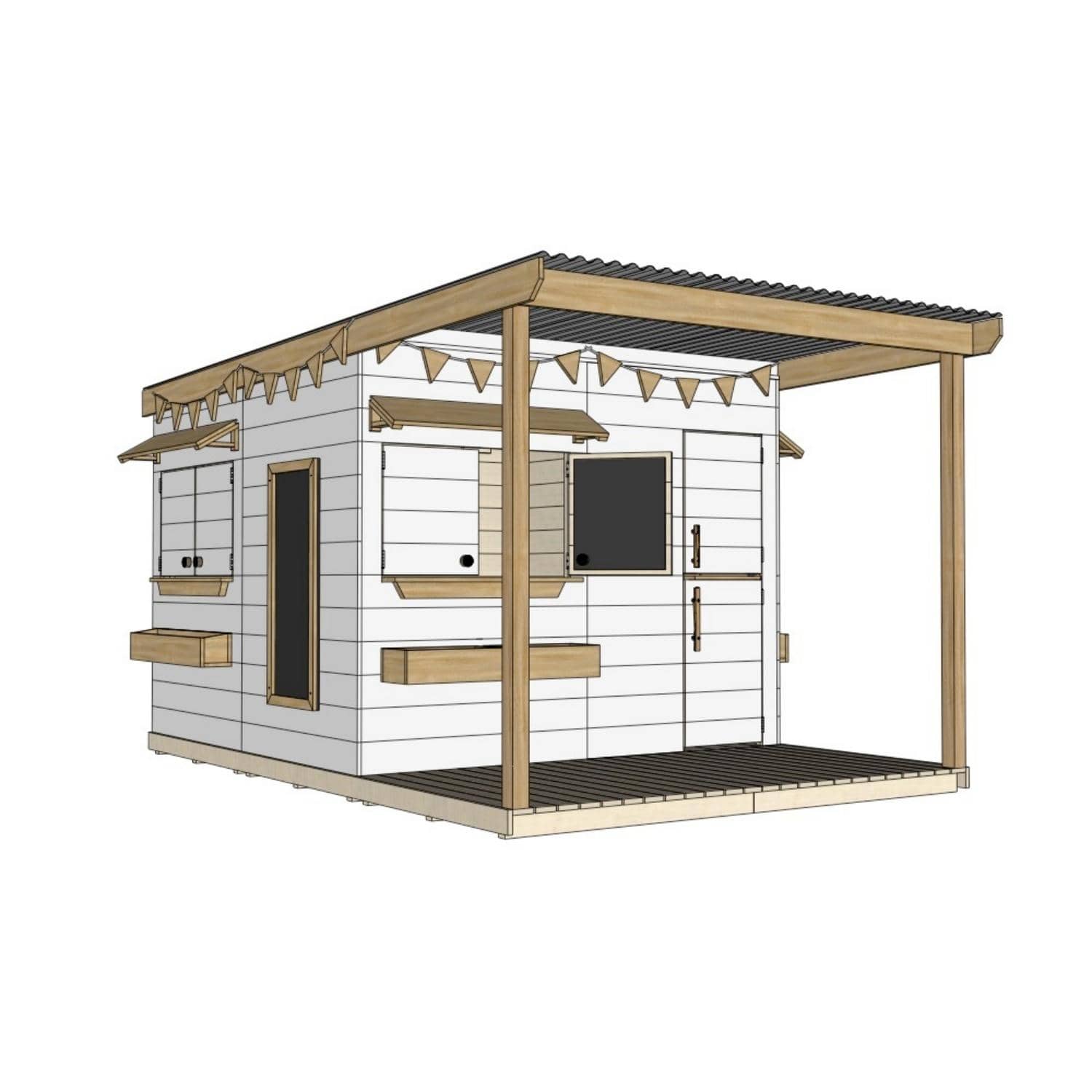 Painted timber extended height cubby house with front verandah and deck for family gardens large square size with accessories
