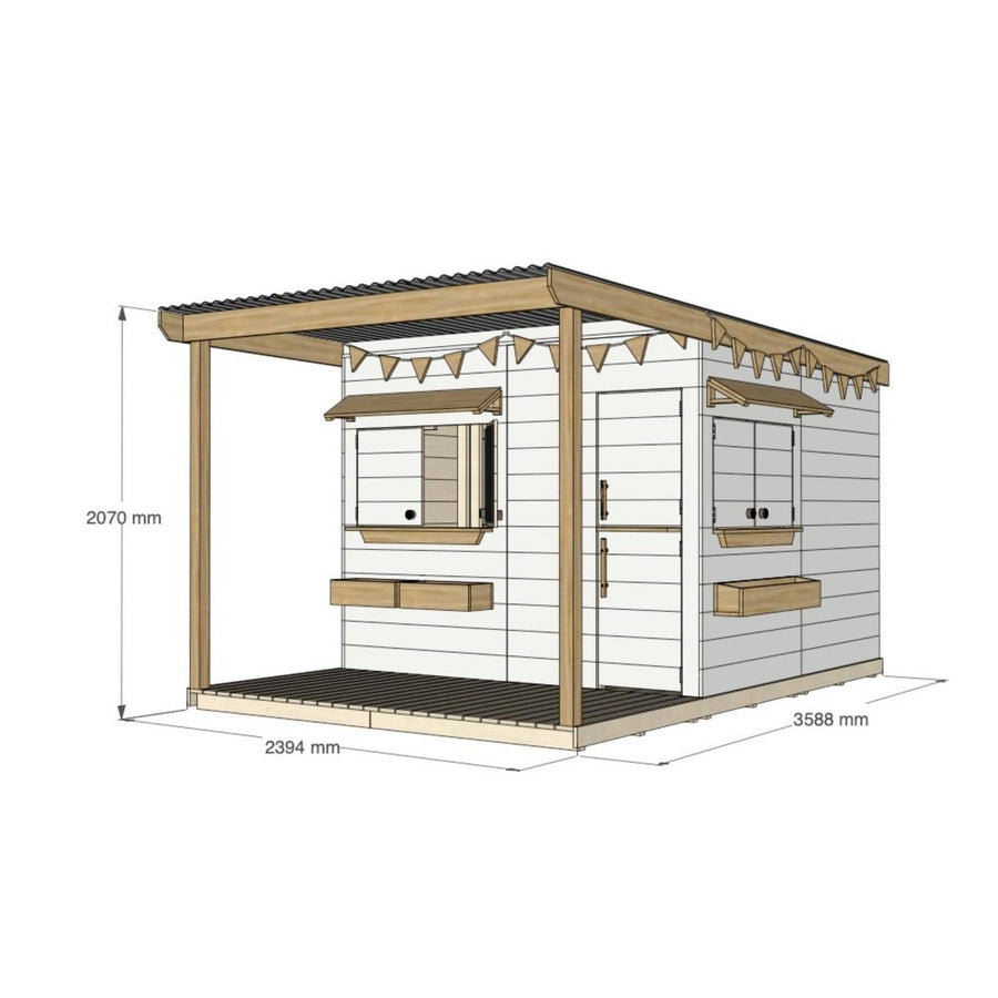 Painted pine extended height cubby house with front verandah for residential backyards large square size with dimensions