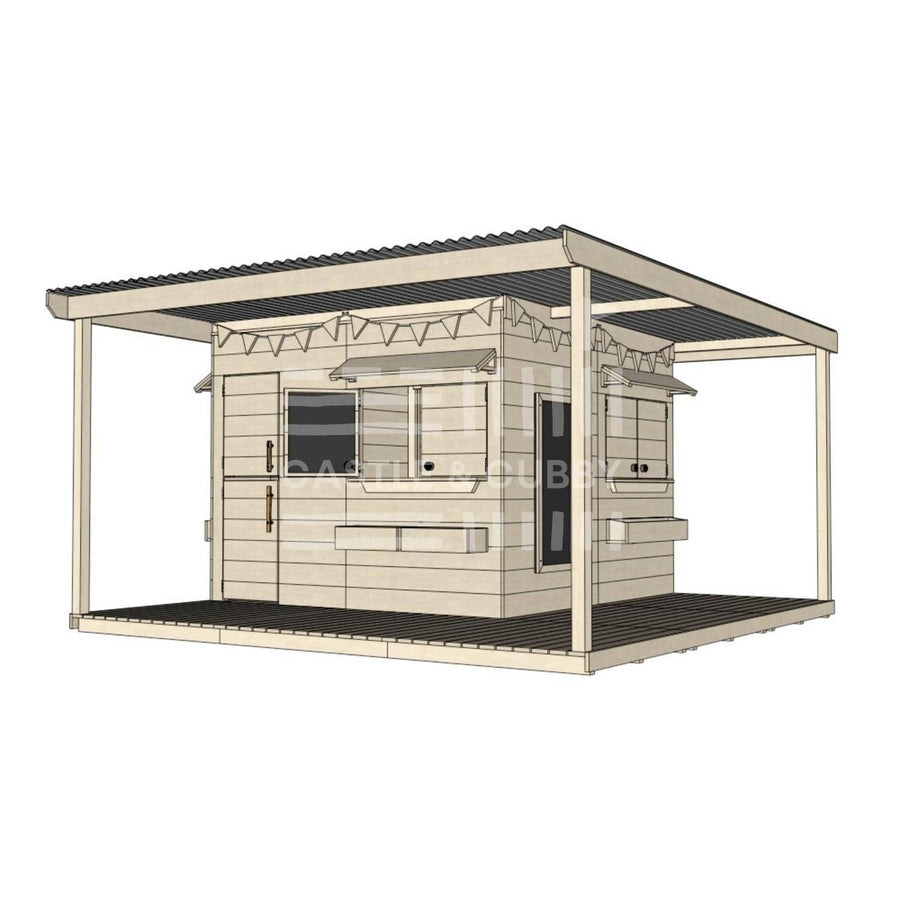 Raw wooden extended height cubby house with wraparound porch for residential and family homes large square size with accessories