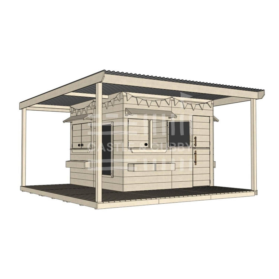 Pine timber extended height cubby house with wraparound verandah and deck for family gardens large square size with accessories