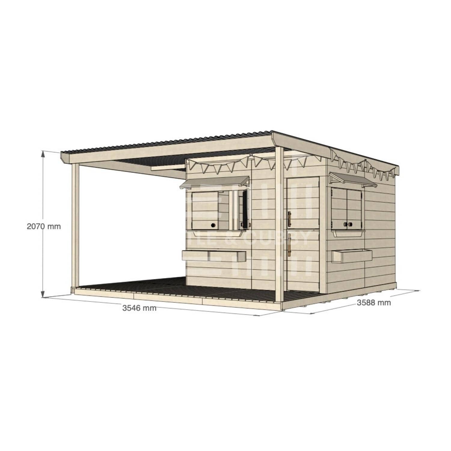 Raw pine extended height cubby house with wraparound verandah for residential backyards large square size with dimensions