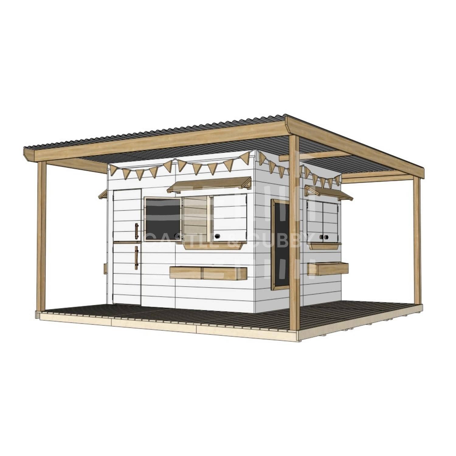 Painted wooden extended height cubby house with wraparound porch for residential and family homes large square size with accessories