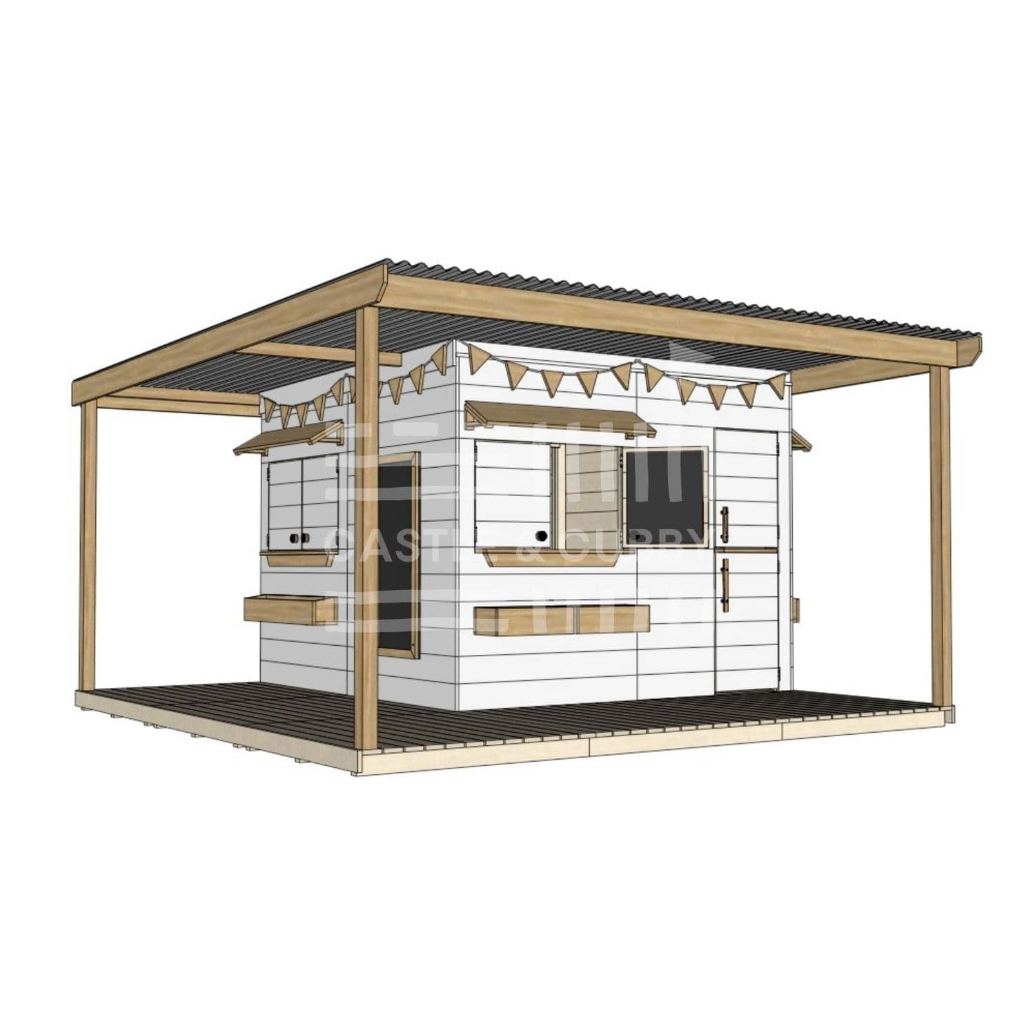 Painted timber extended height cubby house with wraparound verandah and deck for family gardens large square size with accessories