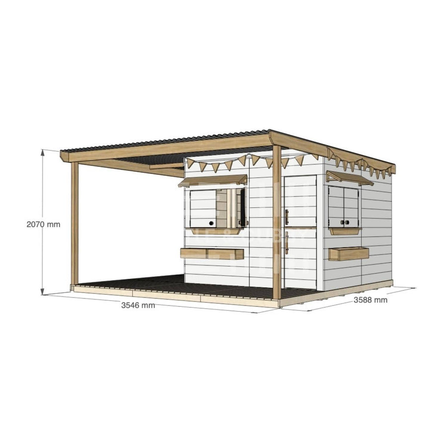Painted pine extended height cubby house with wraparound verandah for residential backyards large square size with dimensions