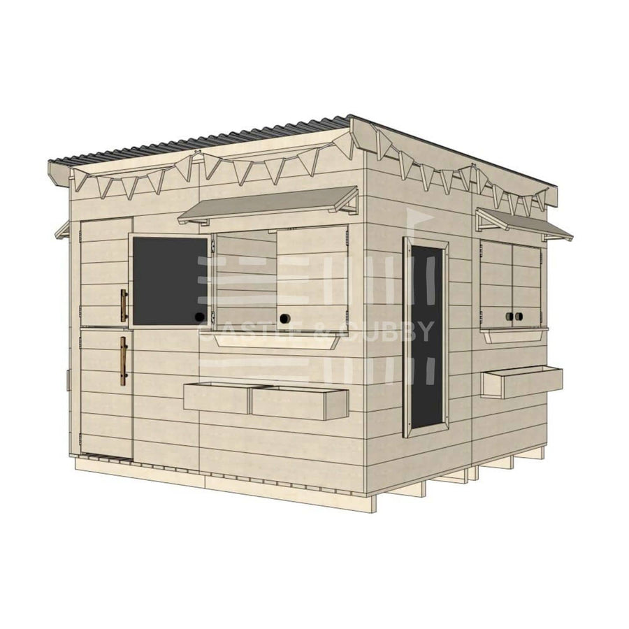 Flat roof raw extended height wooden cubby house family backyard large square size with accessories