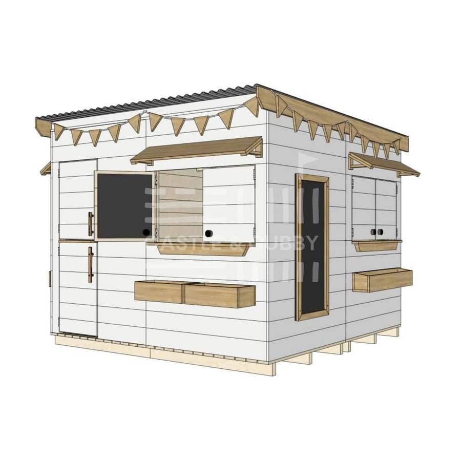 Flat roof painted extended height wooden cubby house family backyard large square size with accessories