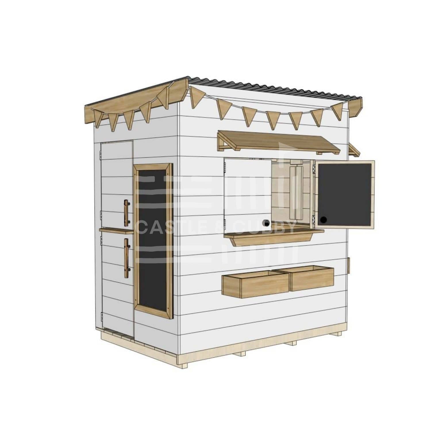 Flat roof painted extended height wooden cubby house family backyard little rectangle size with accessories