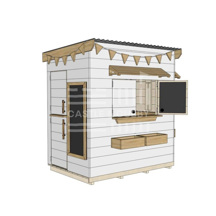 Flat roof painted extended height wooden cubby house family backyard little rectangle size with accessories