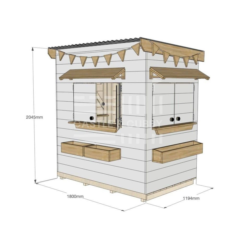 Flat roof painted extended height wooden cubby house residential little rectangle with dimensions