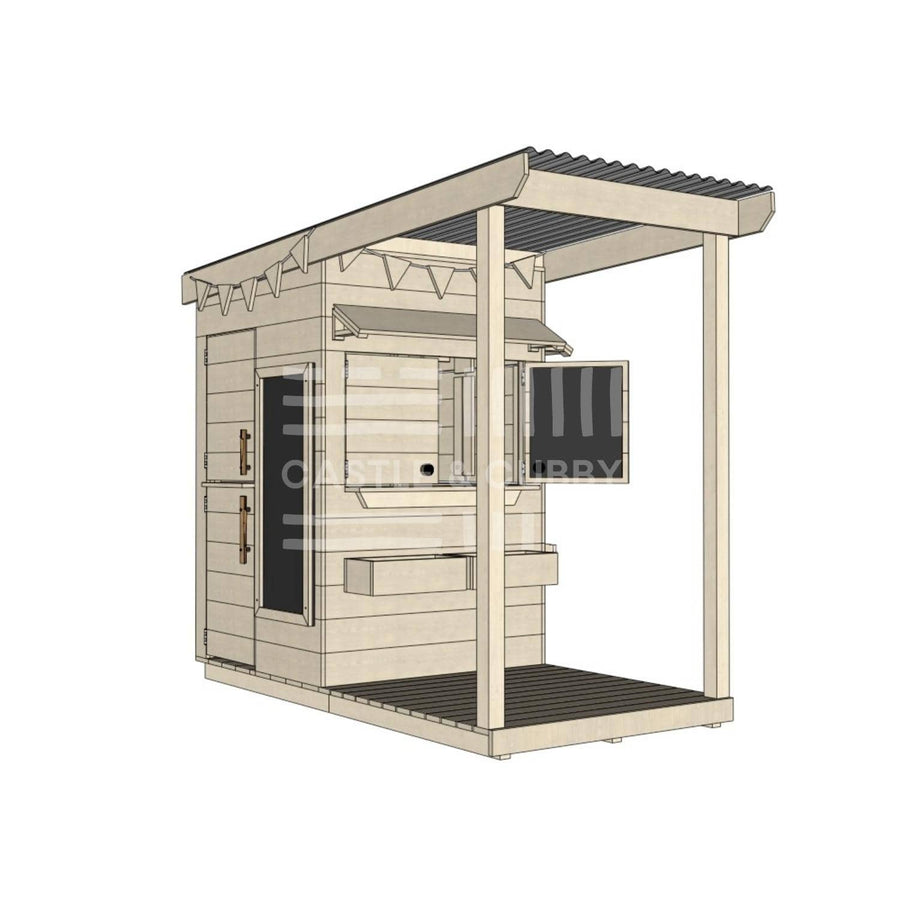 Raw wooden extended height house with front porch for residential and family homes little square size with accessories
