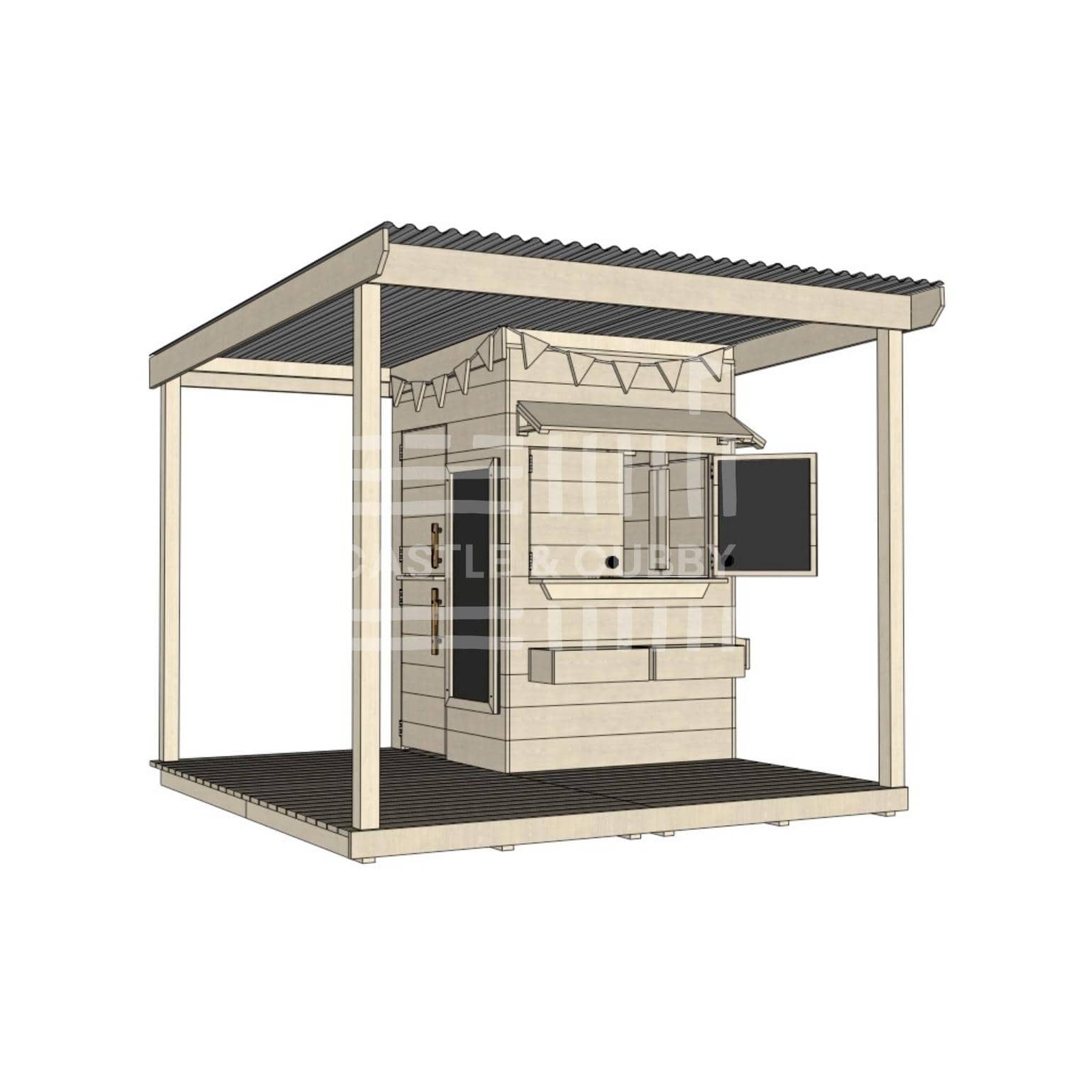 Raw wooden extended height house with wraparound porch for residential and family homes little square size with accessories