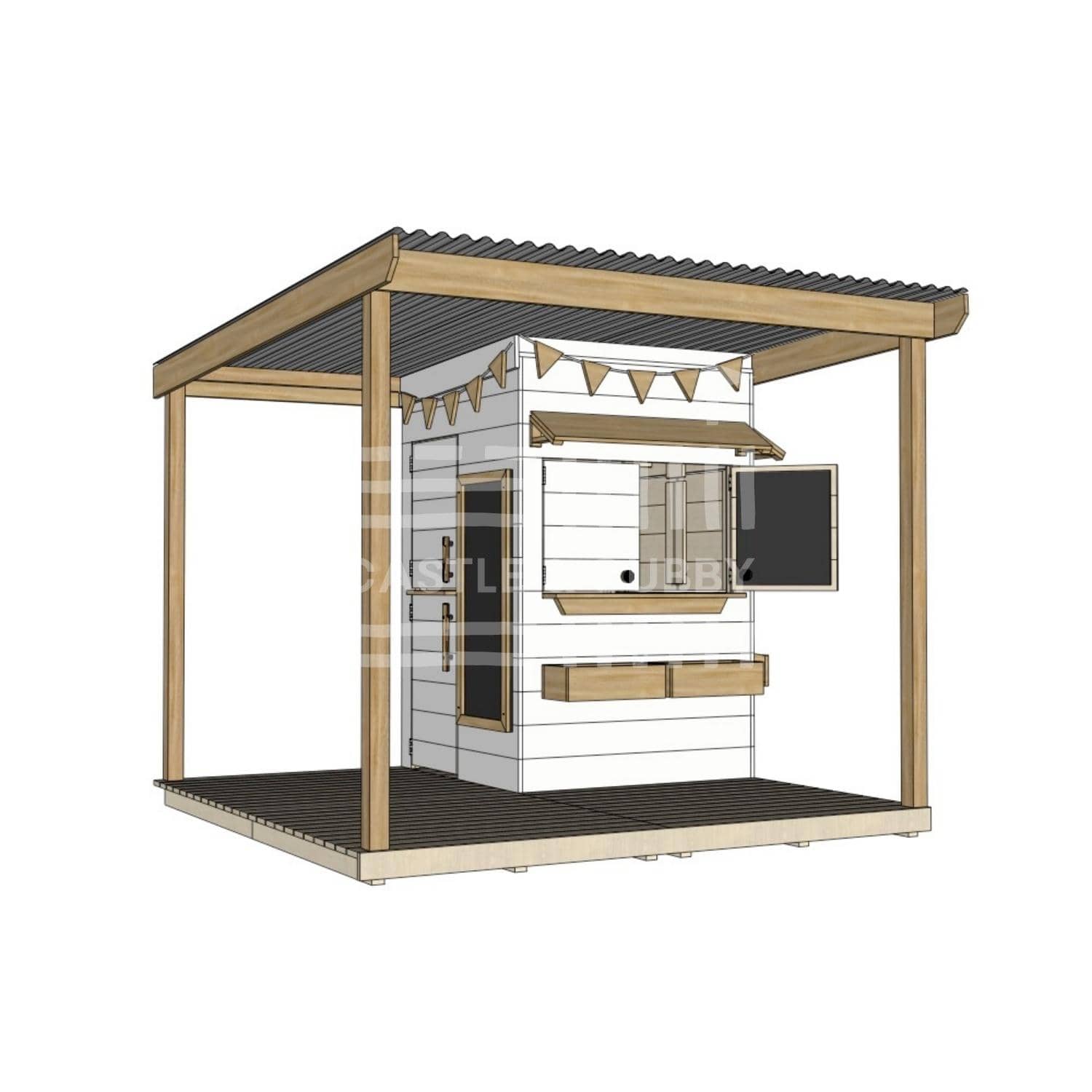 Painted wooden extended height house with wraparound porch for residential and family homes little square size with accessories