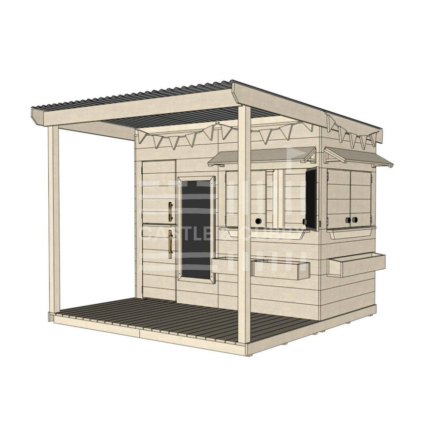 Raw wooden extended height cubby house with front porch for residential and family homes midi rectangle size with accessories