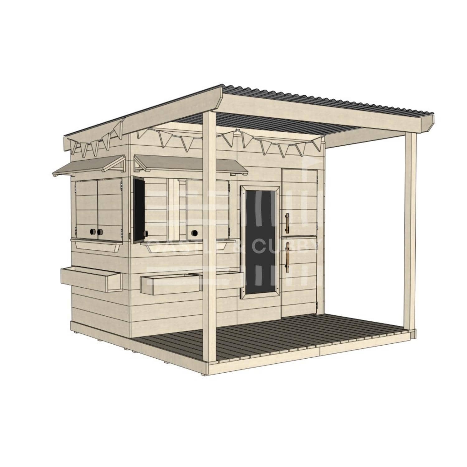Pine timber extended height cubby house with front verandah and deck for family gardens midi rectangle size with accessories