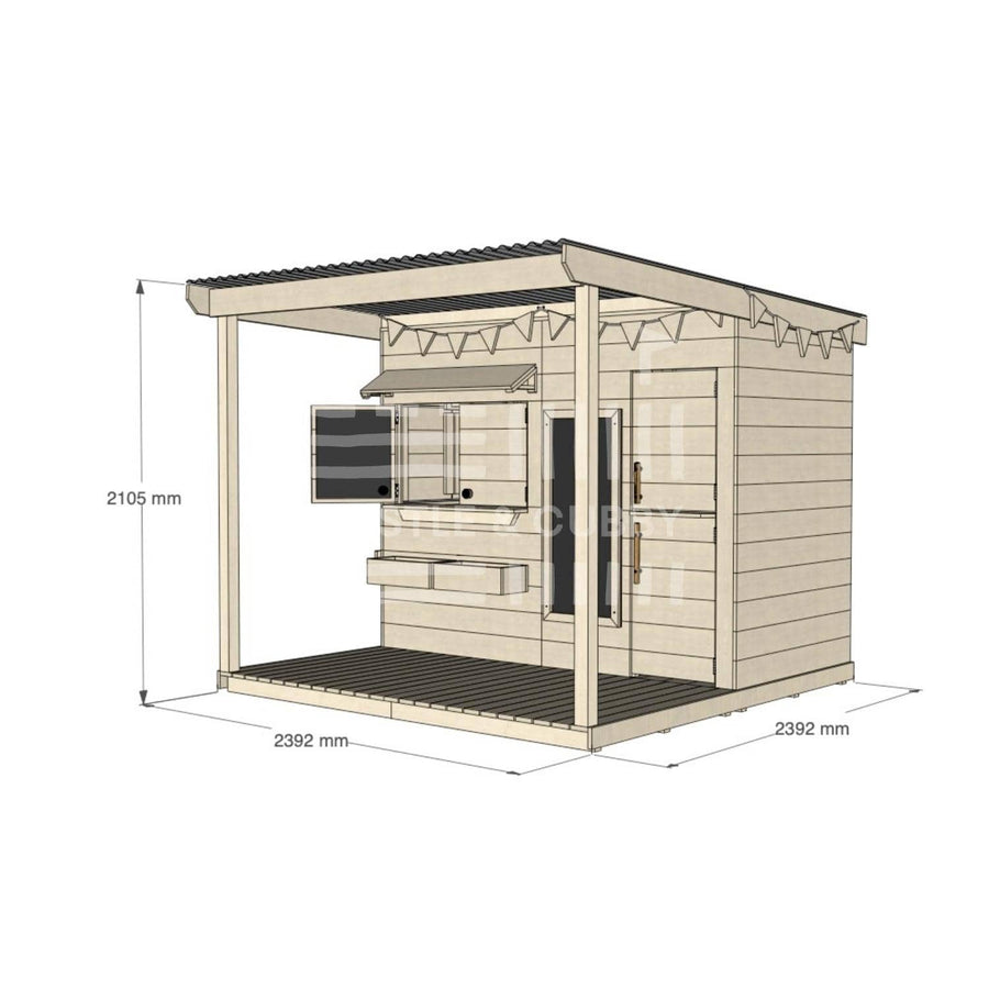 Raw pine extended height cubby house with front verandah for residential backyards midi rectangle size with dimensions
