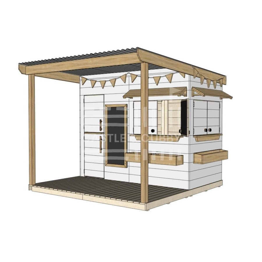 Painted wooden extended height cubby house with front porch for residential and family homes midi rectangle size with accessories
