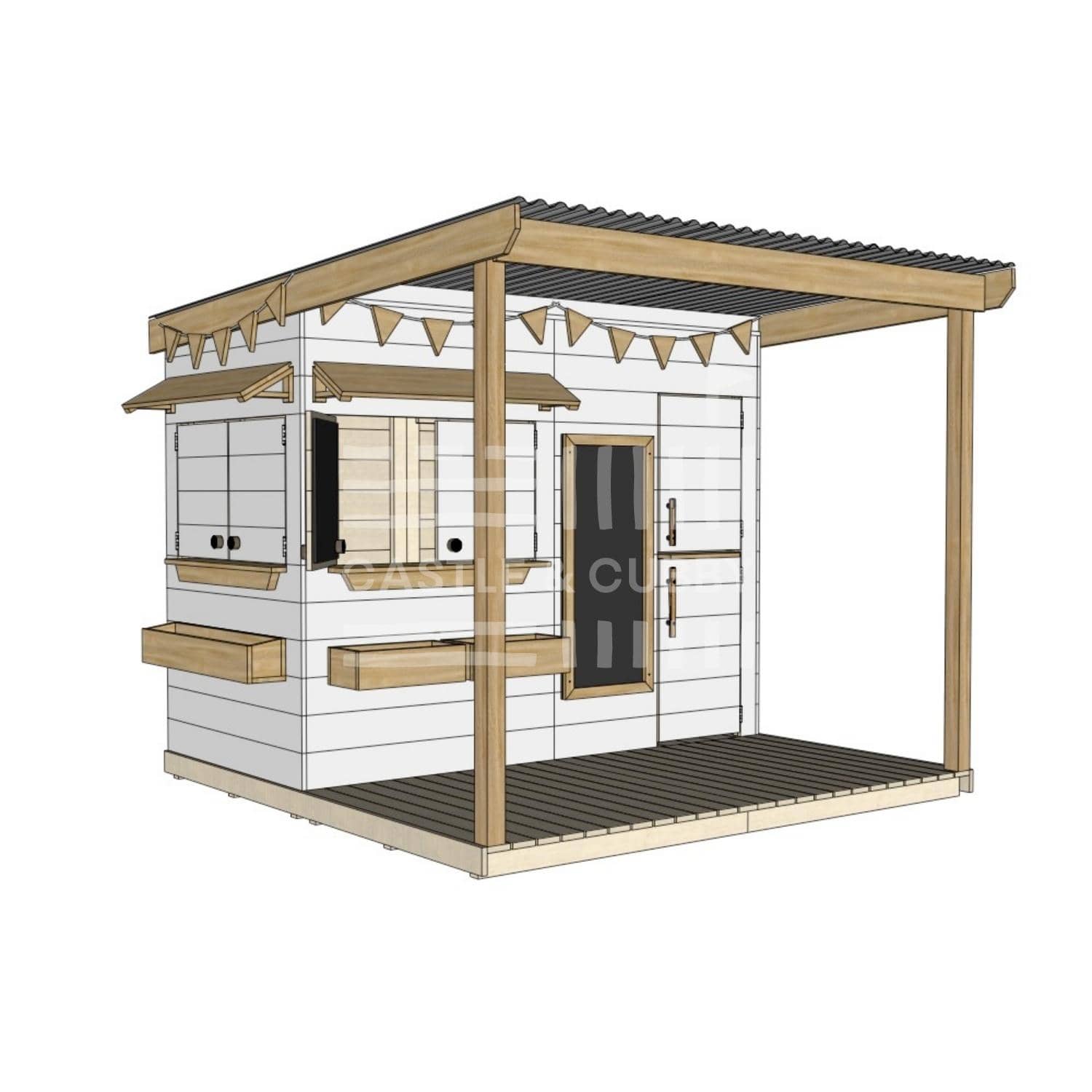 Painted timber extended height cubby house with front verandah and deck for family gardens midi rectangle size with accessories