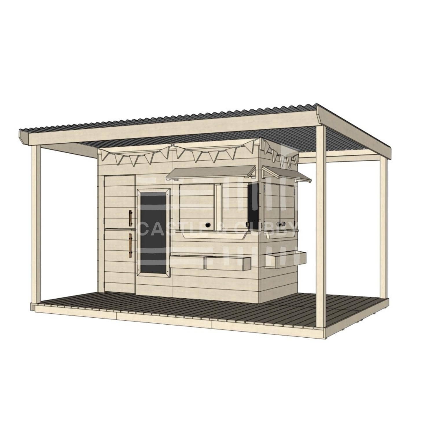 Raw wooden extended height cubby house with wraparound porch for residential and family homes midi rectangle size with accessories