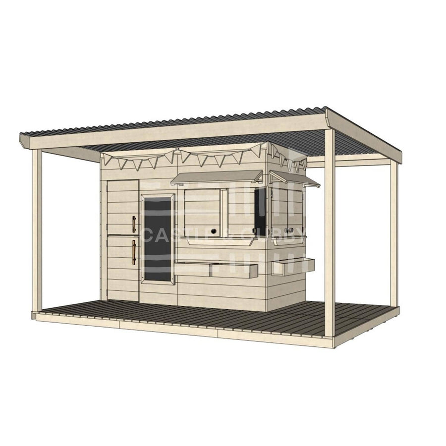 Raw wooden extended height cubby house with wraparound porch for residential and family homes midi rectangle size with accessories