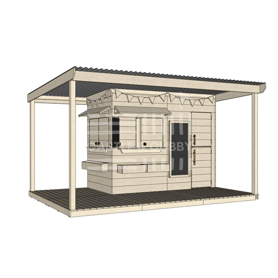 Pine timber extended height cubby house with wraparound verandah and deck for family gardens midi rectangle size with accessories