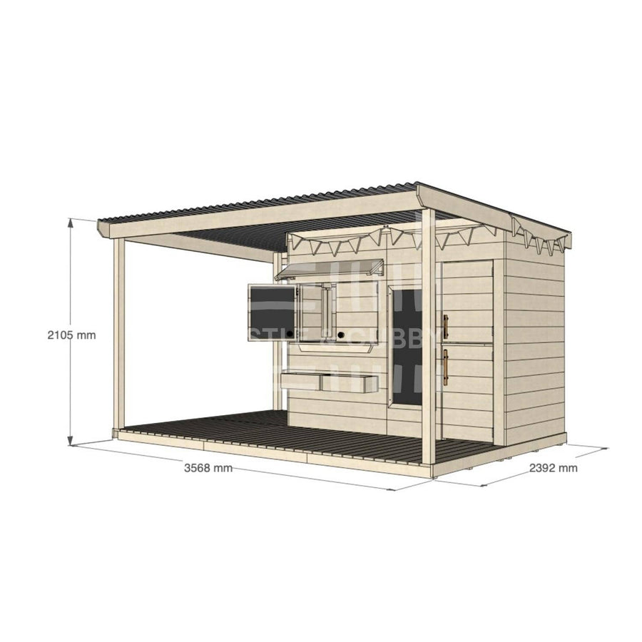 Raw pine extended height cubby house with wraparound verandah for residential backyards midi rectangle size with dimensions