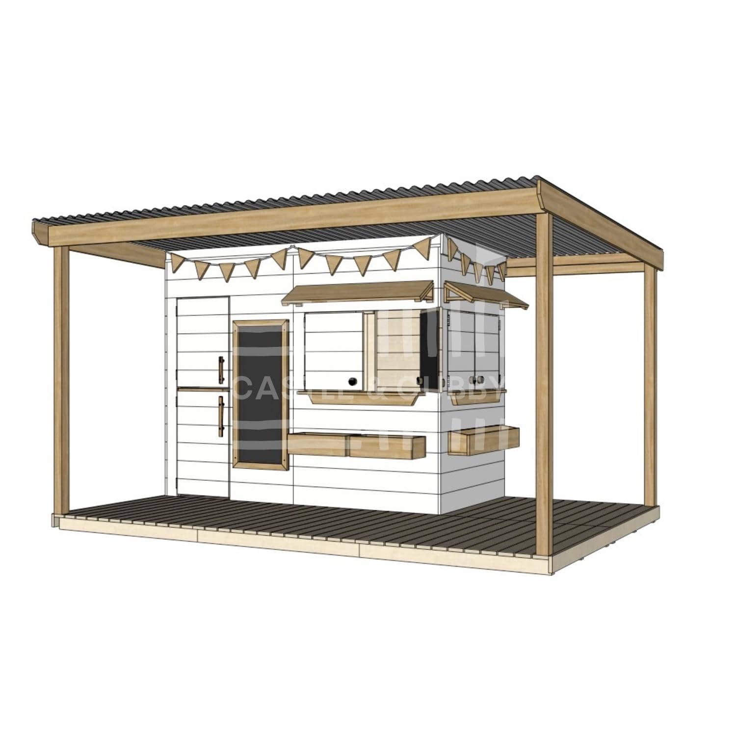 Painted wooden extended height cubby house with wraparound porch for residential and family homes midi rectangle size with accessories