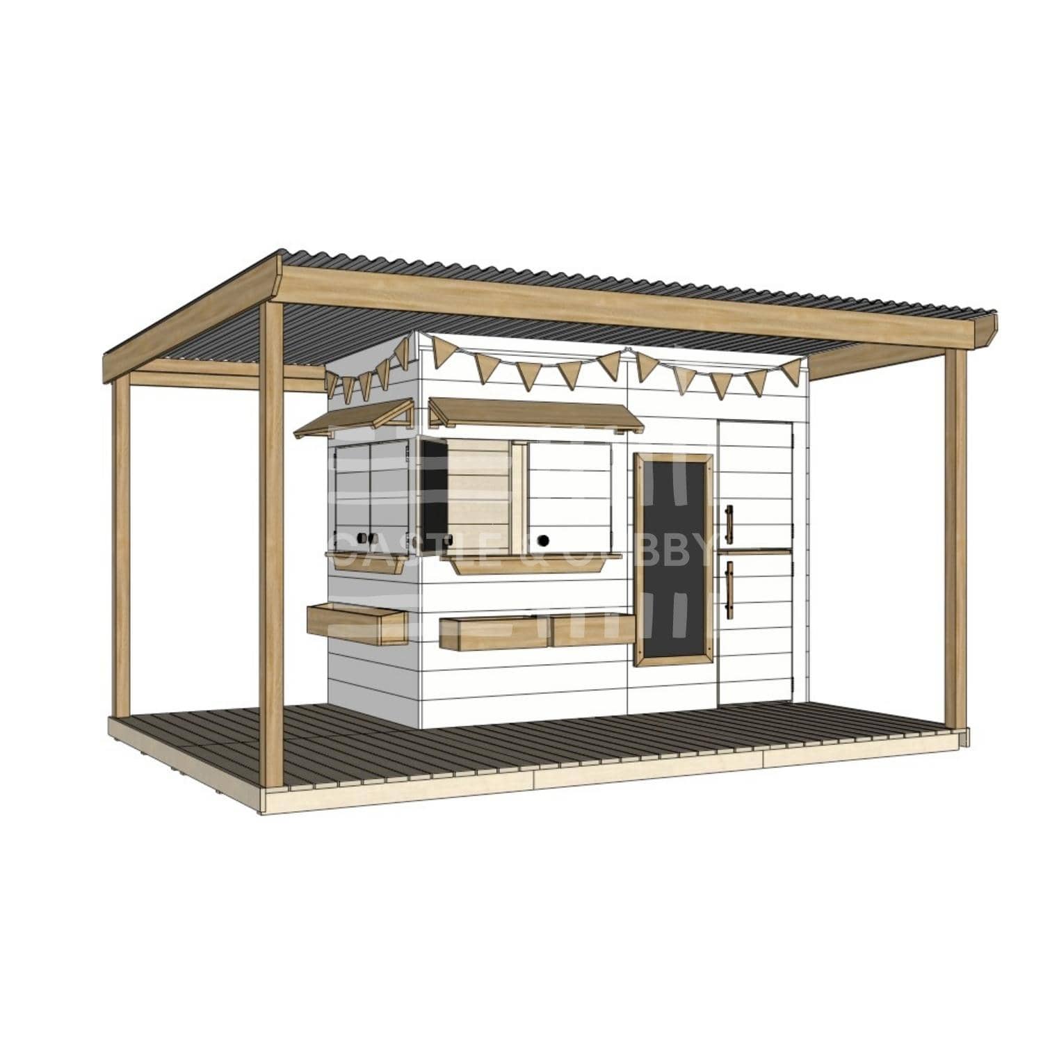 Painted timber extended height cubby house with wraparound verandah and deck for family gardens midi rectangle size with accessories