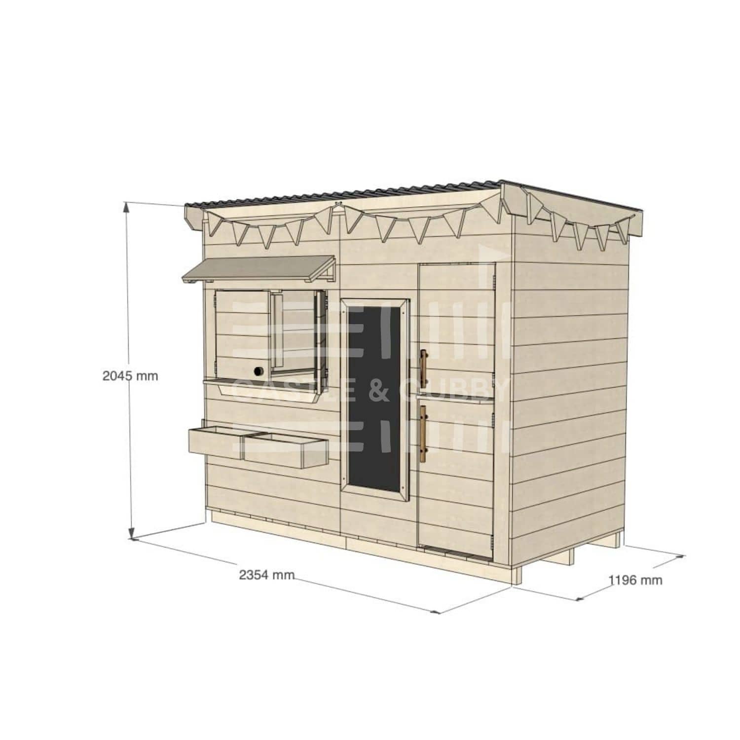 Flat roof extended height raw pine timber cubby house domestic midi rectangle size with accessories