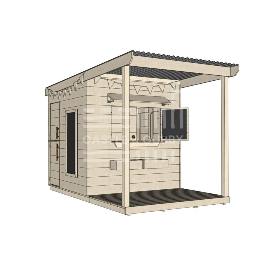 Raw wooden extended height house with front porch for residential and family homes midi square size with accessories