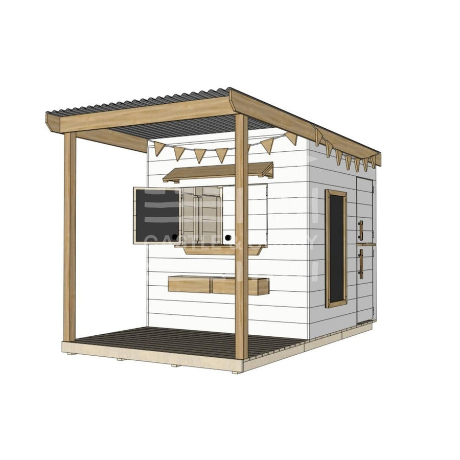 Painted timber extended height house with front verandah and deck for family gardens midi square size with accessories
