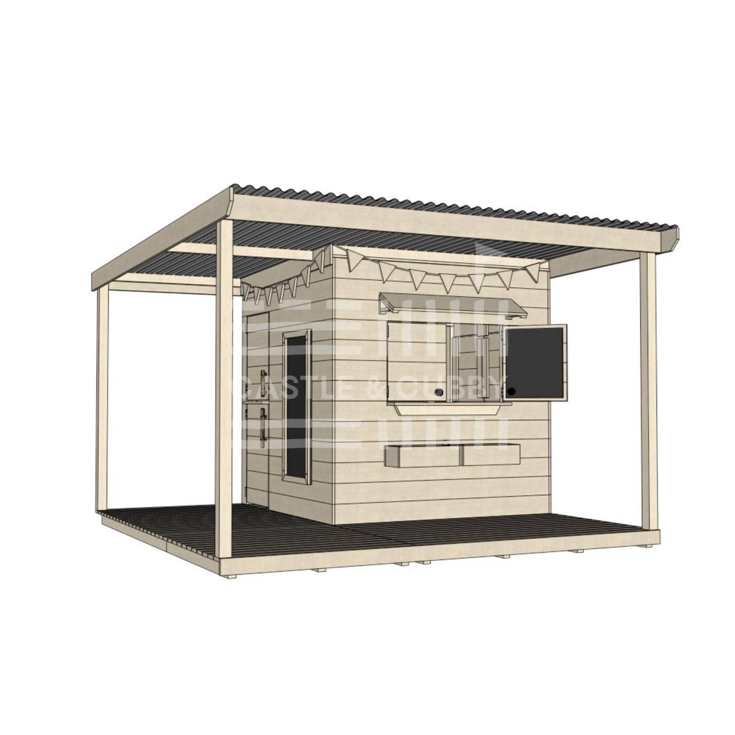 Raw wooden extended height house with wraparound porch for residential and family homes midi square size with accessories
