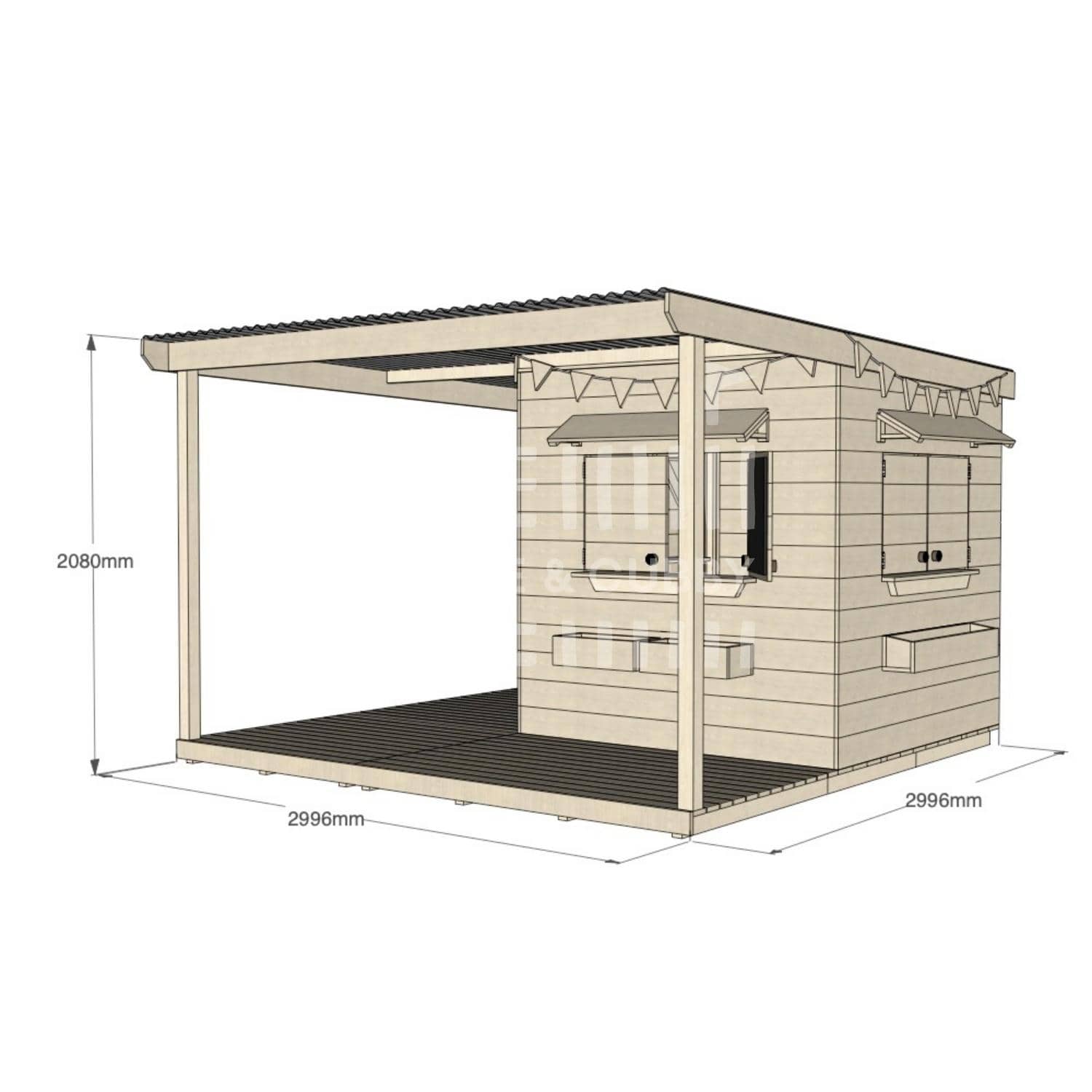 Raw pine extended height house with wraparound verandah for residential backyards midi square size with dimensions