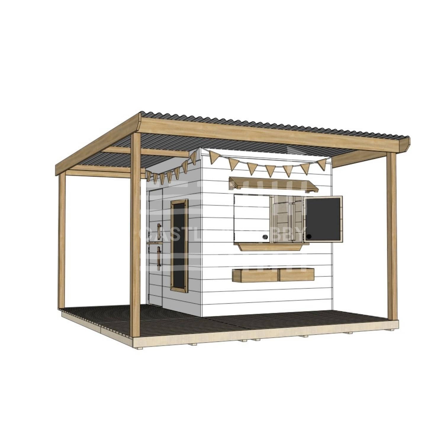 Painted wooden extended height house with wraparound porch for residential and family homes midi square size with accessories