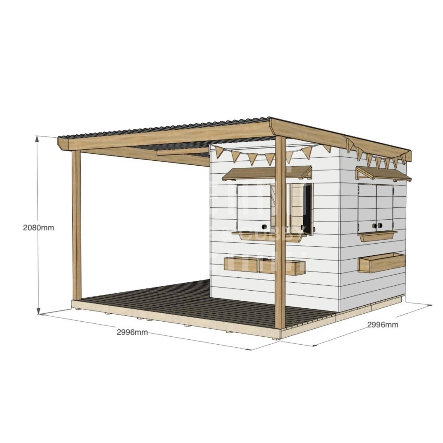Painted pine extended height house with wraparound verandah for residential backyards midi square size with dimensions