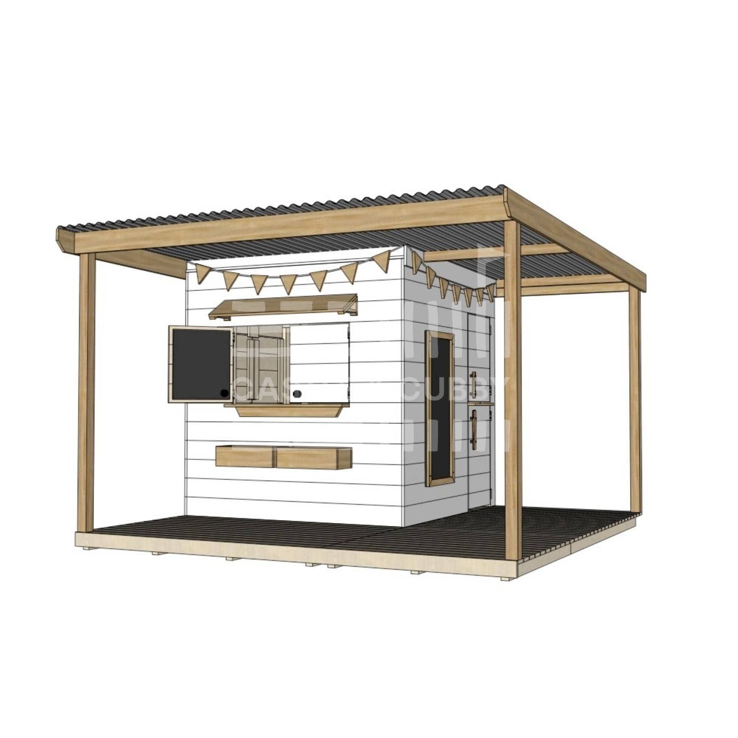 Painted timber extended height house with wraparound verandah and deck for family gardens midi square size with accessories