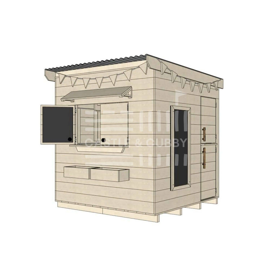 Flat roof extended height raw pine timber cubby house domestic midi square size with accessories