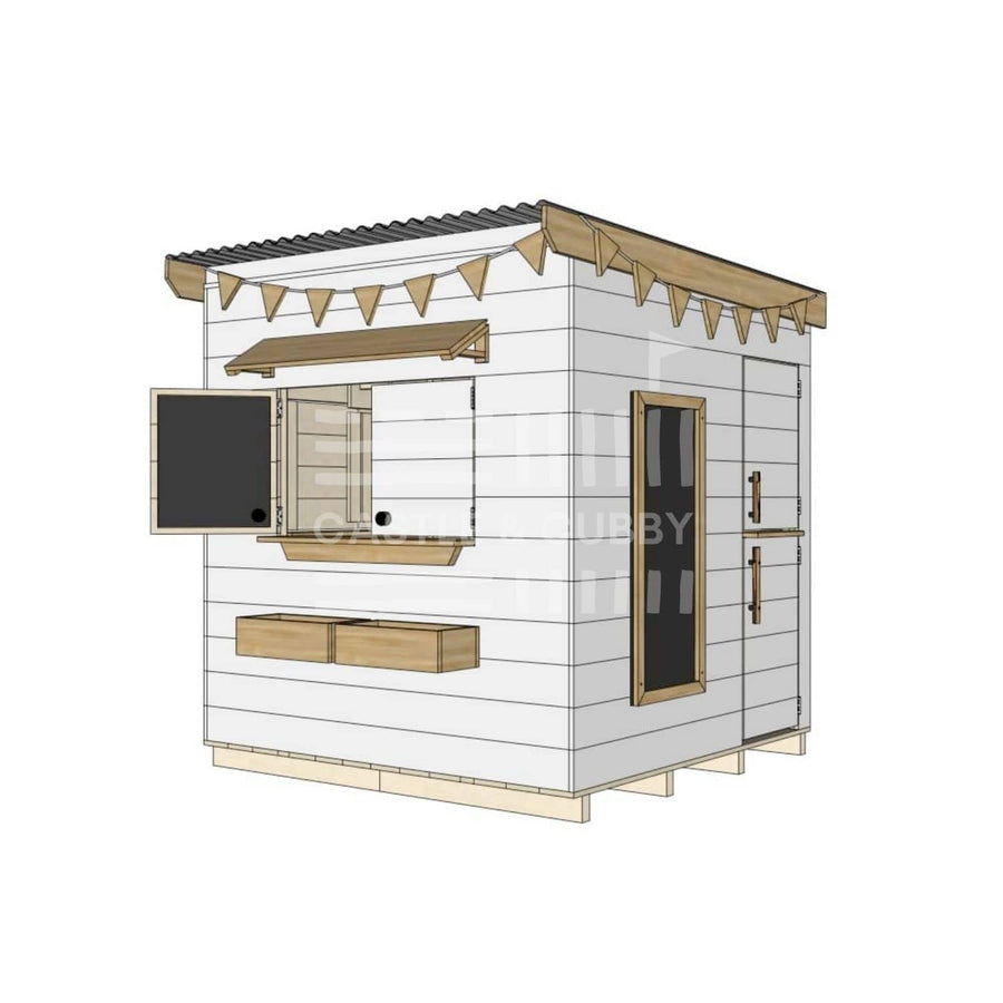 Flat roof extended height painted pine timber cubby house domestic midi square size with accessories