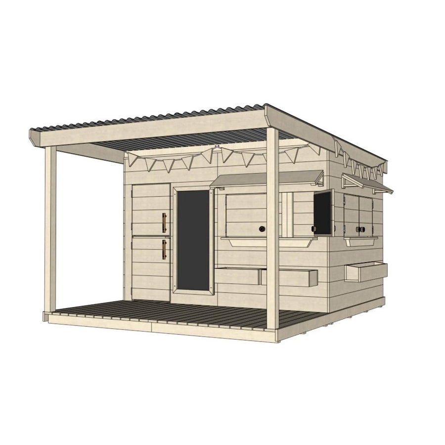 Raw wooden cubby house with front porch for residential and family homes large rectangle size with accessories