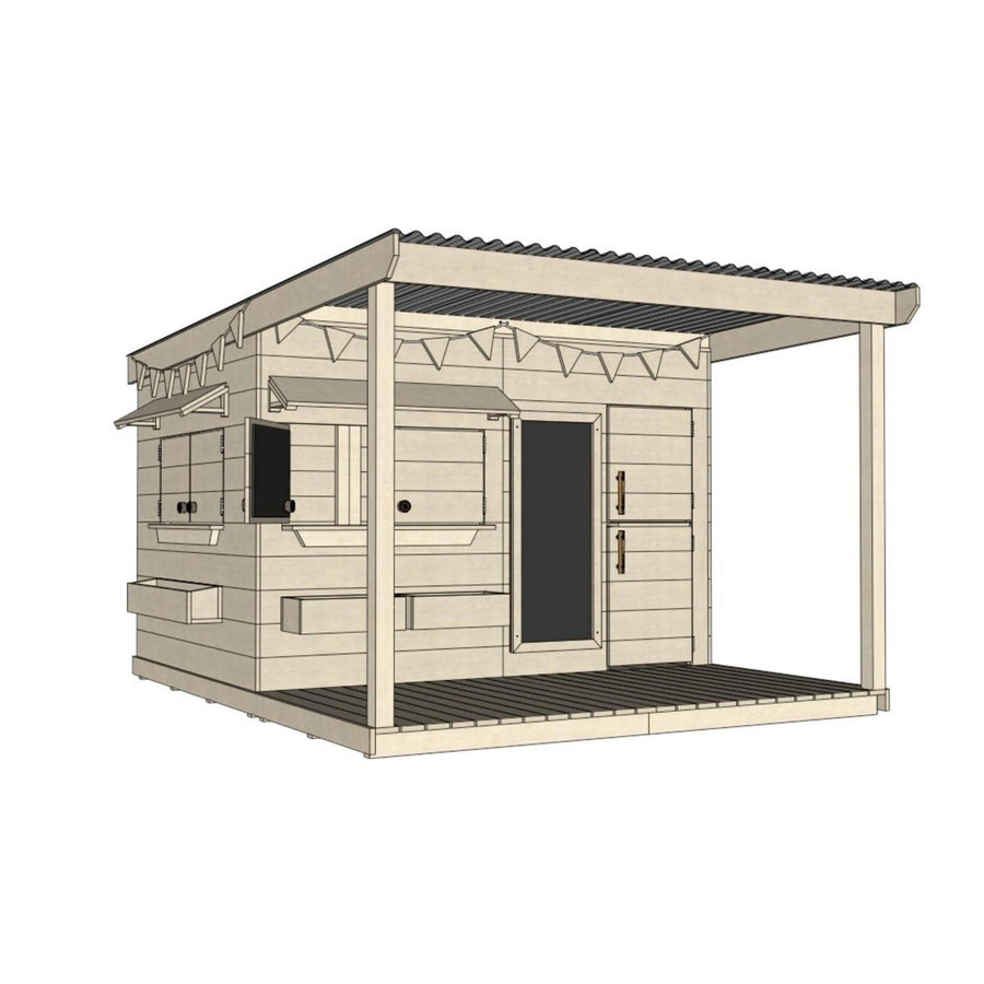 Pine timber cubby house with front verandah and deck for family gardens large rectangle size with accessories