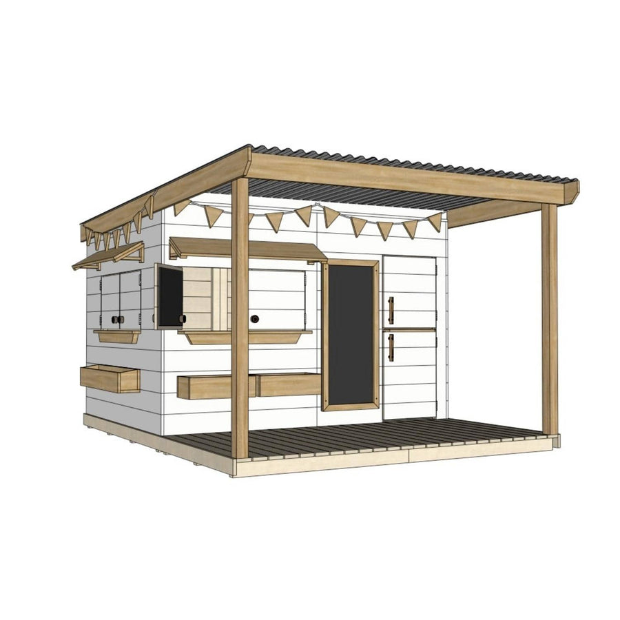 Painted timber cubby house with front verandah and deck for family gardens large rectangle size with accessories