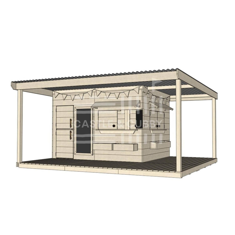 Raw wooden cubby house with wraparound porch for residential and family homes large rectangle size with accessories