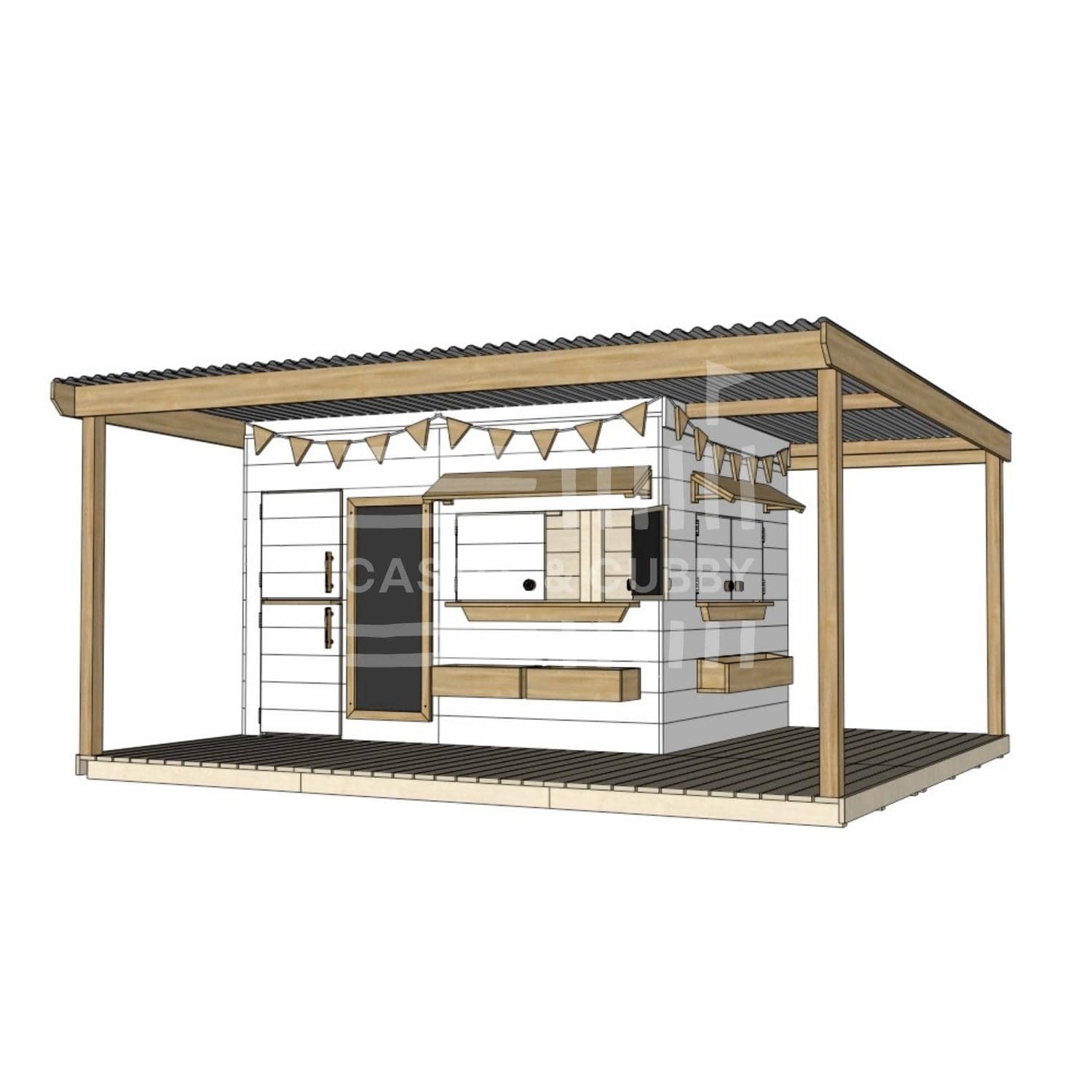 Painted wooden cubby house with wraparound porch for residential and family homes large rectangle size with accessories