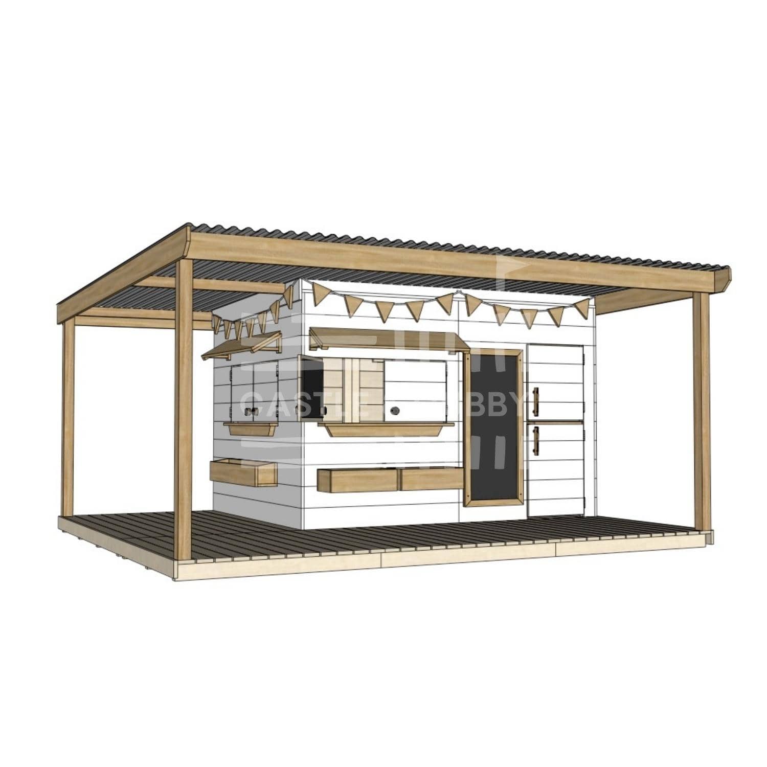 Painted timber cubby house with wraparound verandah and deck for family gardens large rectangle size with accessories