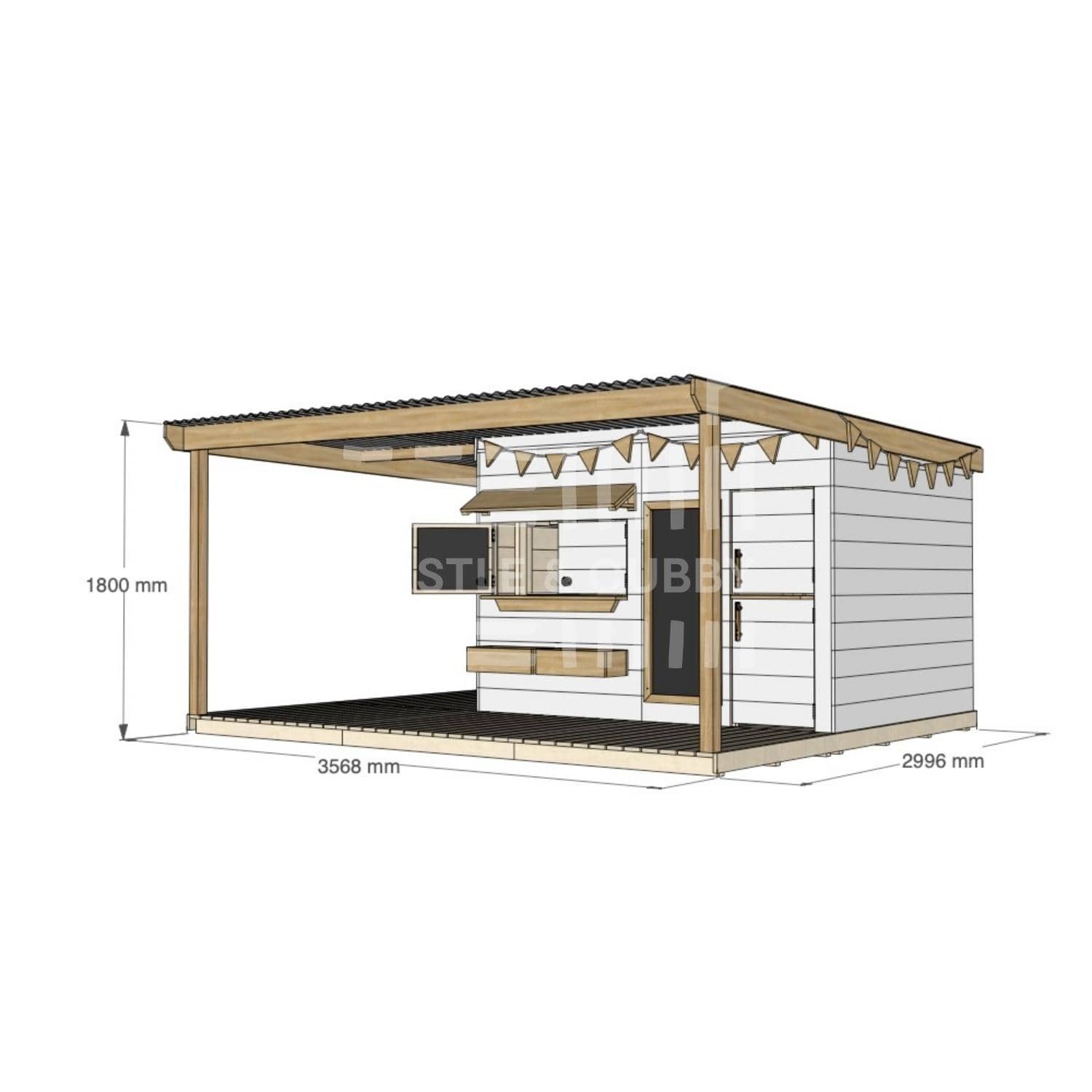 Painted pine cubby house with wraparound verandah for residential backyards large rectangle size with dimensions