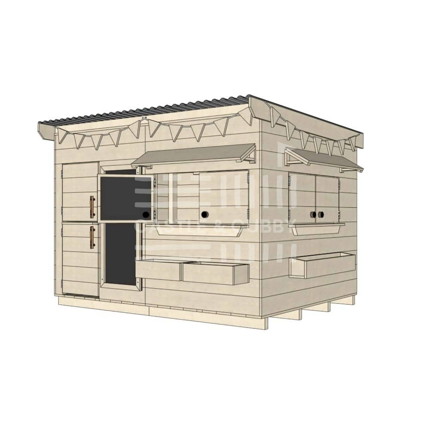Flat roof raw wooden cubby house family backyard large rectangle size with accessories