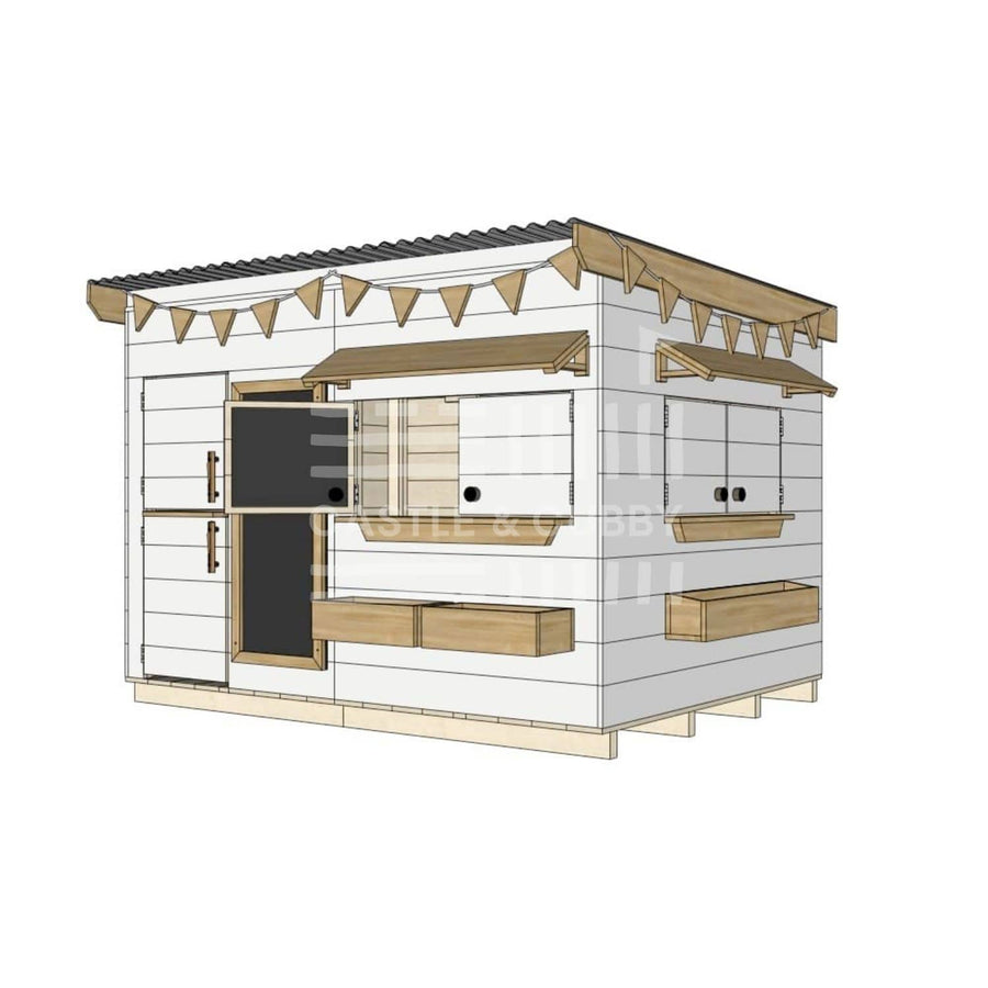 Flat roof painted wooden cubby house family backyard large rectangle size with accessories