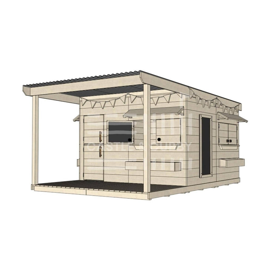 Raw wooden cubby house with front porch for residential and family homes large square size with accessories