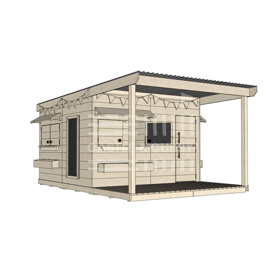 Pine timber cubby house with front verandah and deck for family gardens large square size with accessories