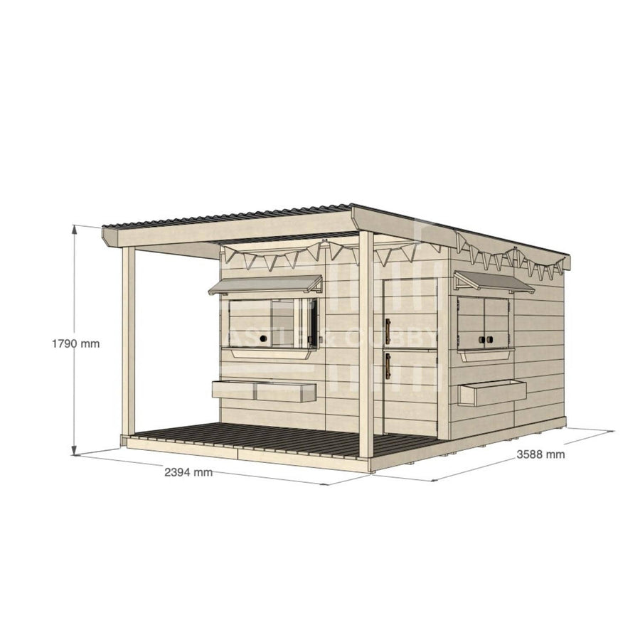 Raw pine cubby house with front verandah for residential backyards large square size with dimensions