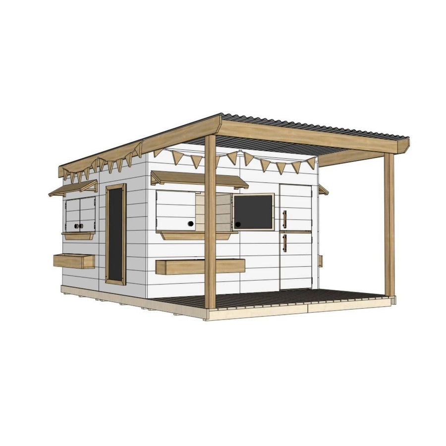 Painted timber cubby house with front verandah and deck for family gardens large square size with accessories